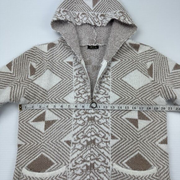 ZEVA Beige White Geometric Hooded Cardigan Sweater Coat Zip Front Pockets L - Picture 7 of 9